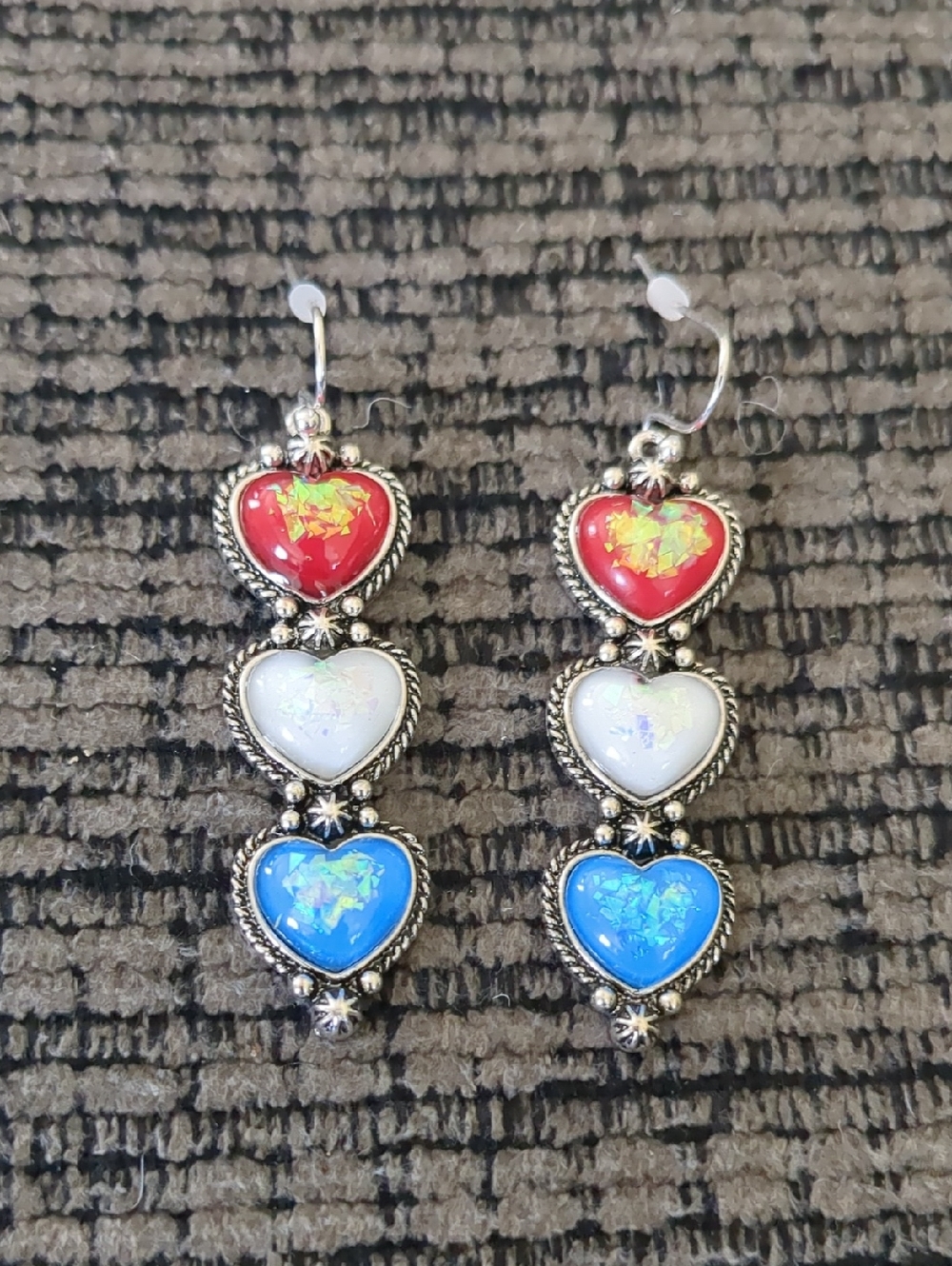 Patriotic Red White Blue Opal Heart Earrings Western Cowgirl Dangle Statement